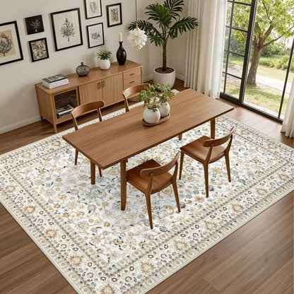 5x7 Area Rugs Living Room Rug: Washable Vintage Boho Rug No Slip Stain Resistant Soft Carpet Indoor Floor Floral Large Carpets for Bedroom Dining Room Farmhouse Nursery Hallway Home Office Beige