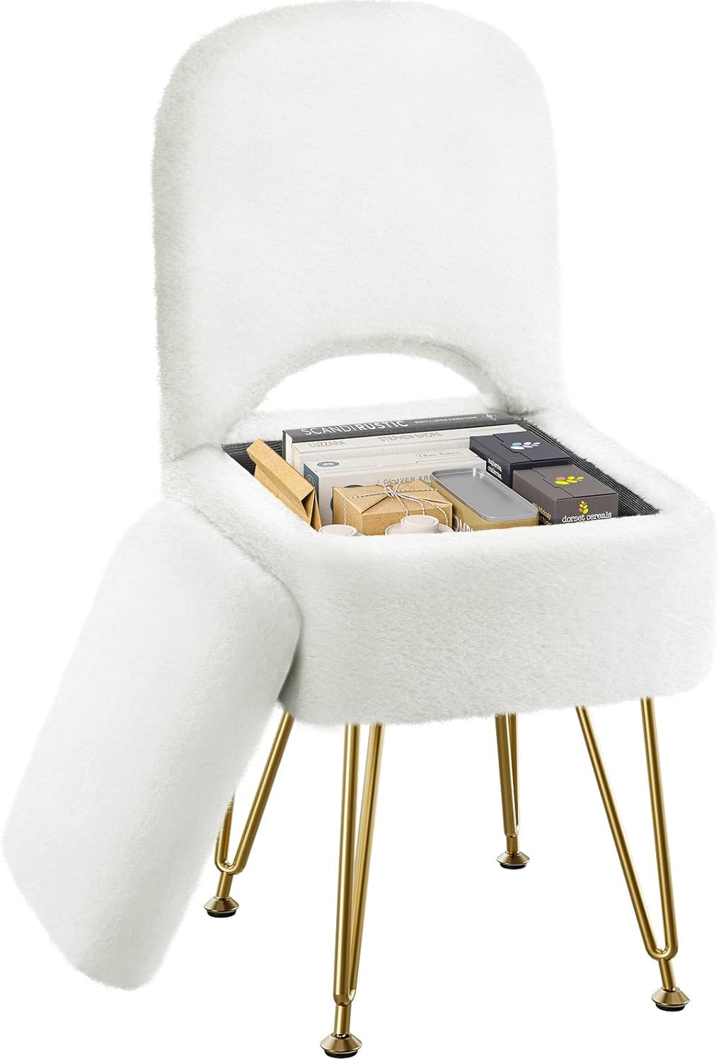 Small Vanity Stool Chair with Storage and Folding Back, 13.4" x 15" x 30" Square Faux Fur Soft Ottoman, 4 Metal Legs with Anti-Slip Feet, Furry Padded Seat for Makeup, Bedroom, White