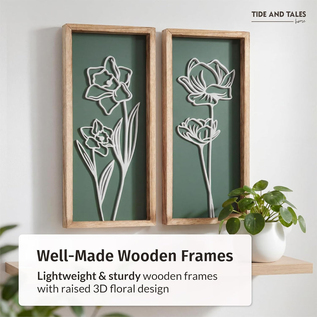 3D Floral Green Wall Art (Set of 2) Lightweight, Wooden Ready-to-Hang Boho Framed Wall Art for Bathroom, Bedroom, Living Room or Office – Premium Sage Green Farmhouse Decor – Gift-Boxed
