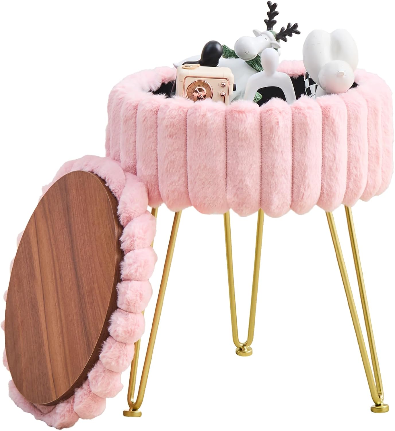 Vanity Stool with Storage, Faux Fur Ottoman Chair with Metal Legs, Round Makeup Vanity Chair for Bedroom or Dressing Table, Modern Small Ottoman Seat (Pink)