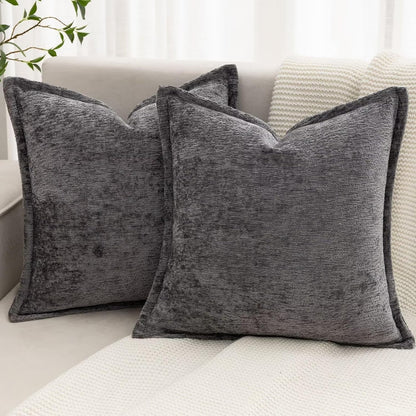 Grey Decorative Throw Pillow Covers 18x18 Inch Set of 2 Cozy Soild Chenille Cushion Cases Soft Textured Square Couch Pillows Cover Boho Accent Farmhouse Pillowcases for Sofa Bed