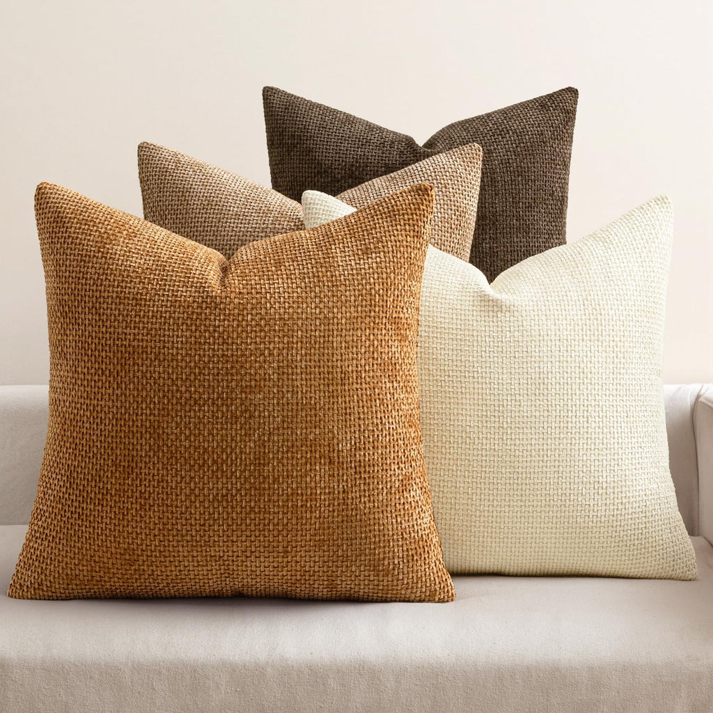 Pack of 4 Couch Throw Pillow Covers 18x18 Inch Neutral Blue Soft Decorative Chenille Pillow Covers Farmhouse Accent Cushion Covers for Boho Western Spring Coastal Decor Sofa Bed Living Room