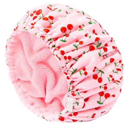 Shower Cap for Women Terry Lined Bath Cap Large Reusable Waterproof Elastic Band Pink Shower Caps for Long Thick Hair Soft Bath Shower Hair Caps