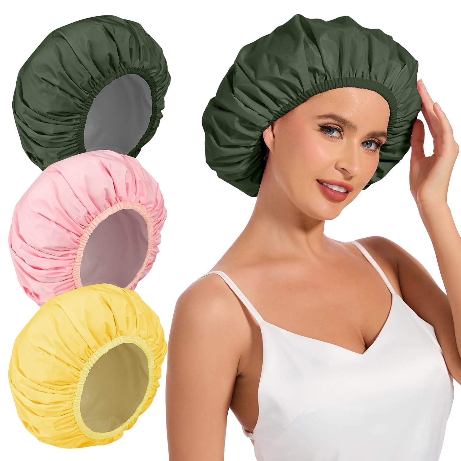 Shower Cap for Women Waterproof Reusable, Large Shower Cap Non-Slip with Elastic Band, Washable Bath Hair Hat for Long Hair, Braids (Pink)